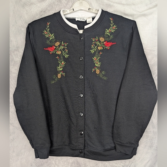 Allison Lane 1X Cardinal Sweatshirt Cardigan Black With White Collar - Picture 1 of 8